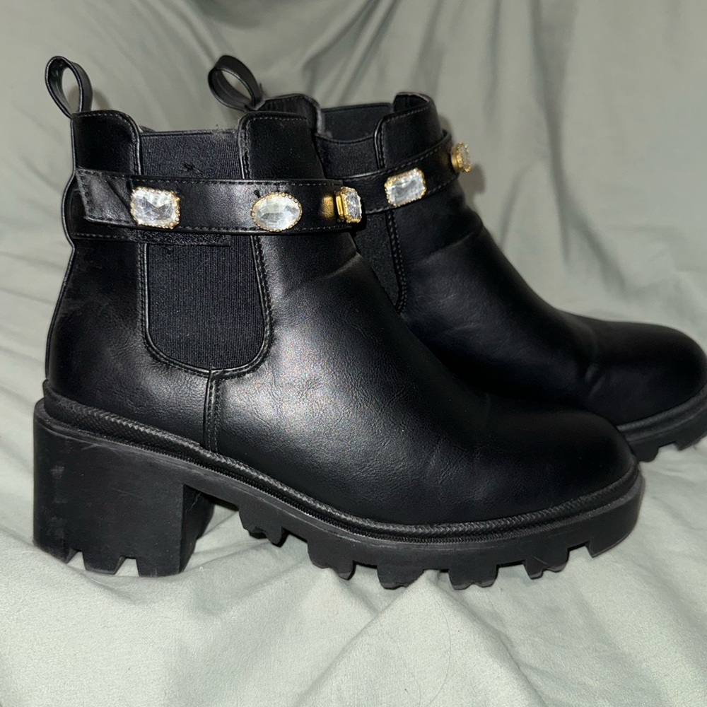 Nicole Miller Black Faux Leather Ankle Boots With Charm Strap